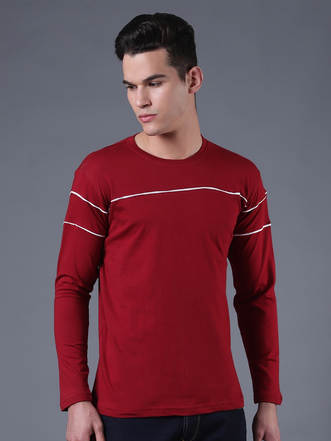 

THE EG STORE Men Striped Round Neck Cotton T-shirt, Maroon