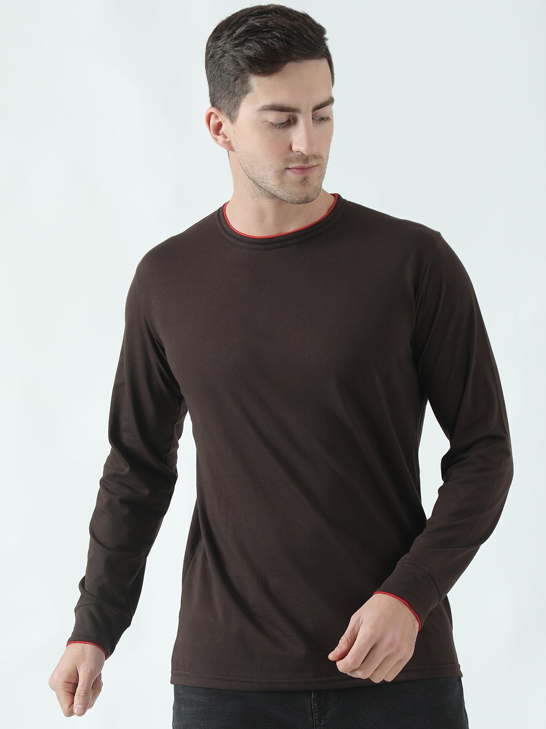 

THE EG STORE Men Henley Neck T-shirt, Brown
