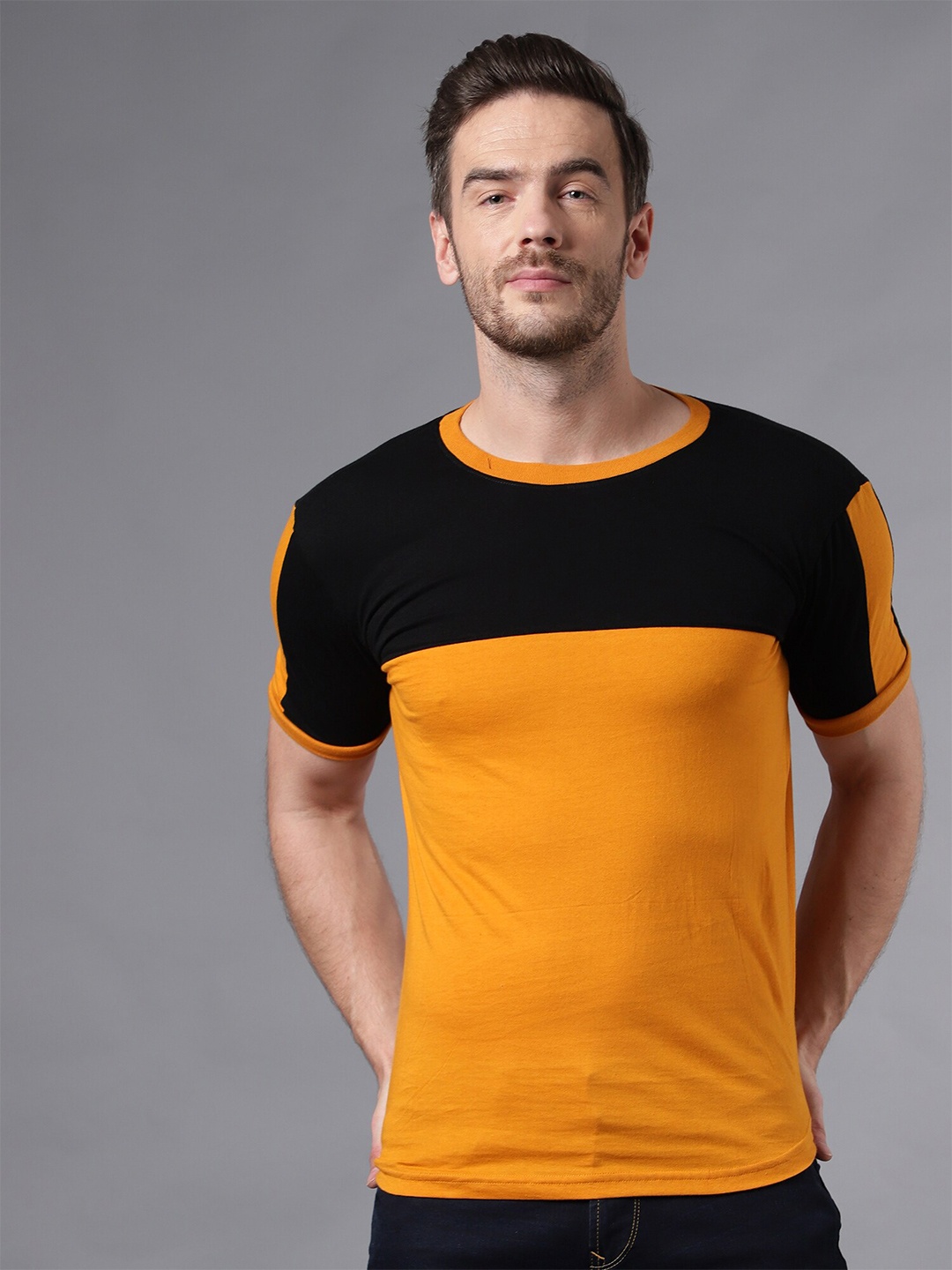 

THE EG STORE Men Colourblocked Cotton T-shirt, Yellow