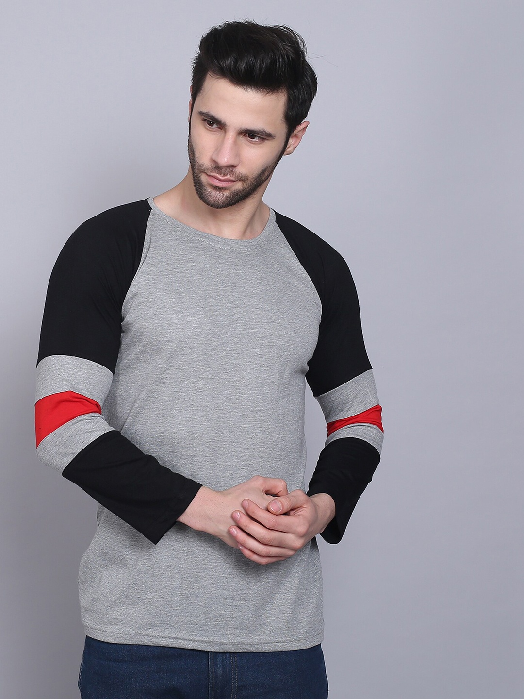 

THE EG STORE Men Colourblocked Raglan Sleeve Cotton T-shirt, Grey