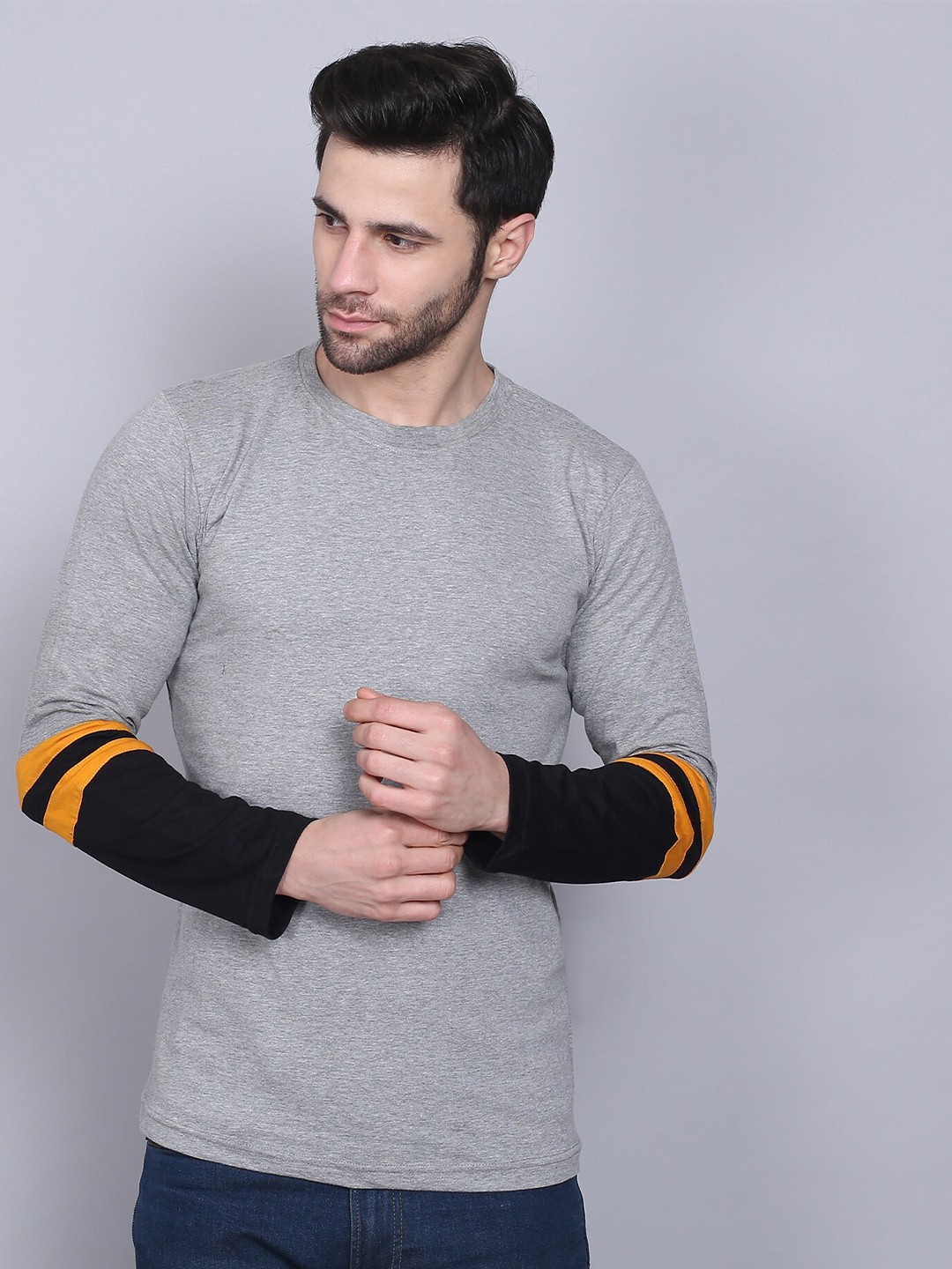

THE EG STORE Men Striped Cotton T-shirt, Grey