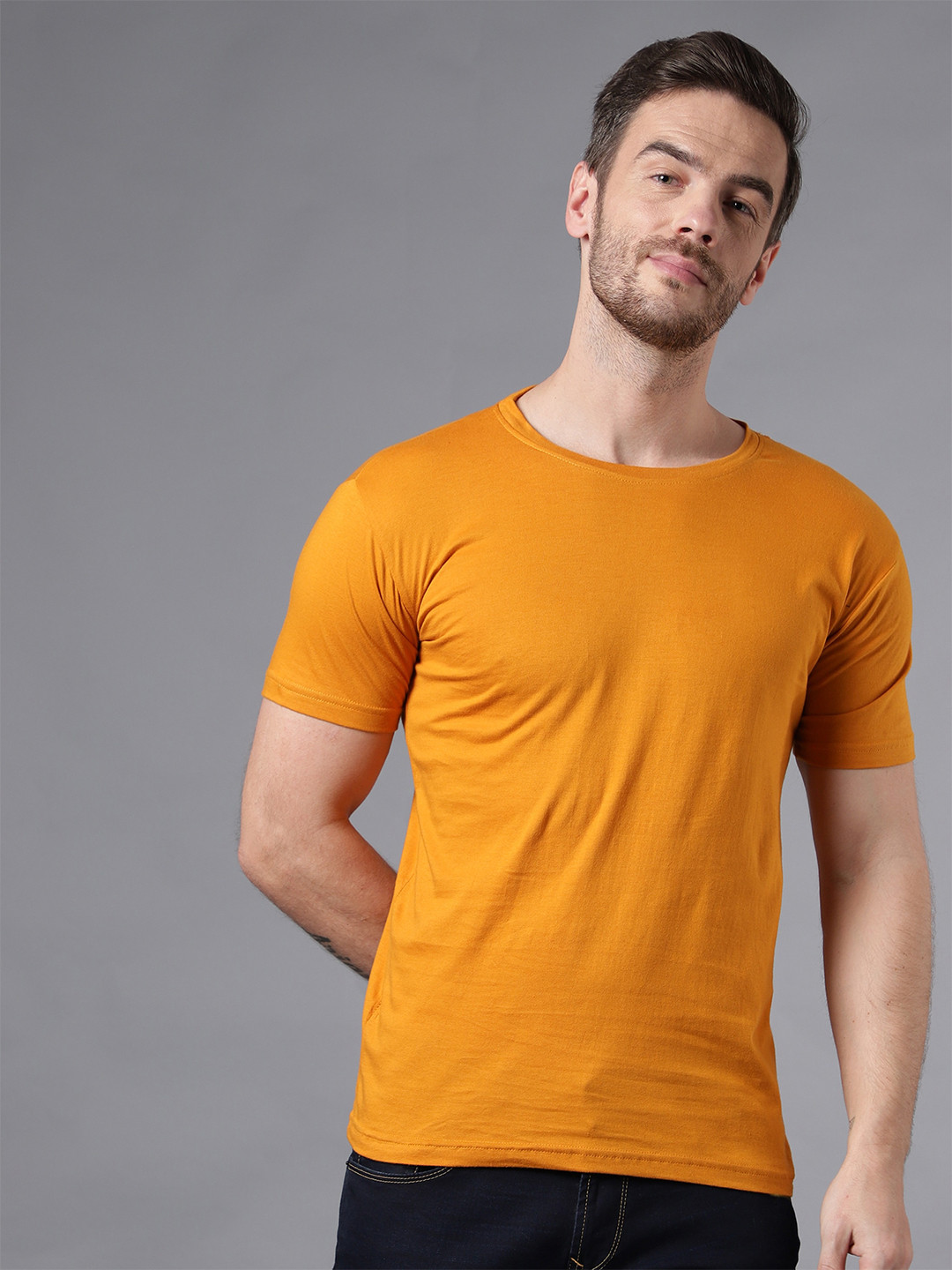 

THE EG STORE Men Regular Fit Cotton T-shirt, Mustard
