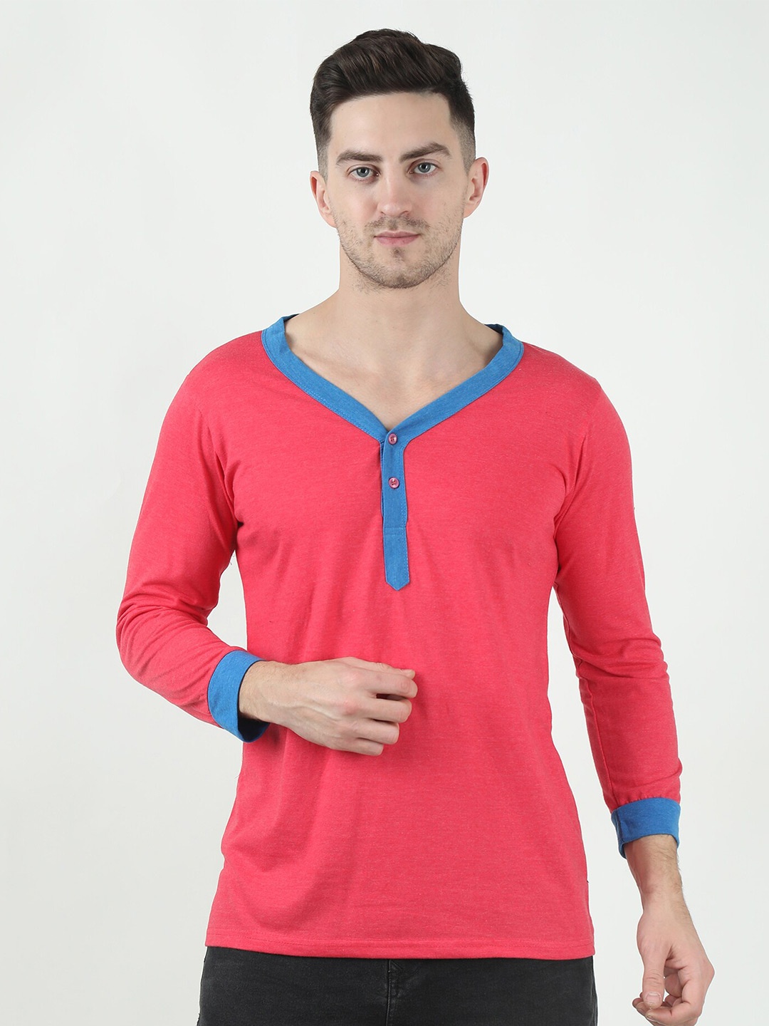 

THE EG STORE Men Henley Neck T-shirt, Pink