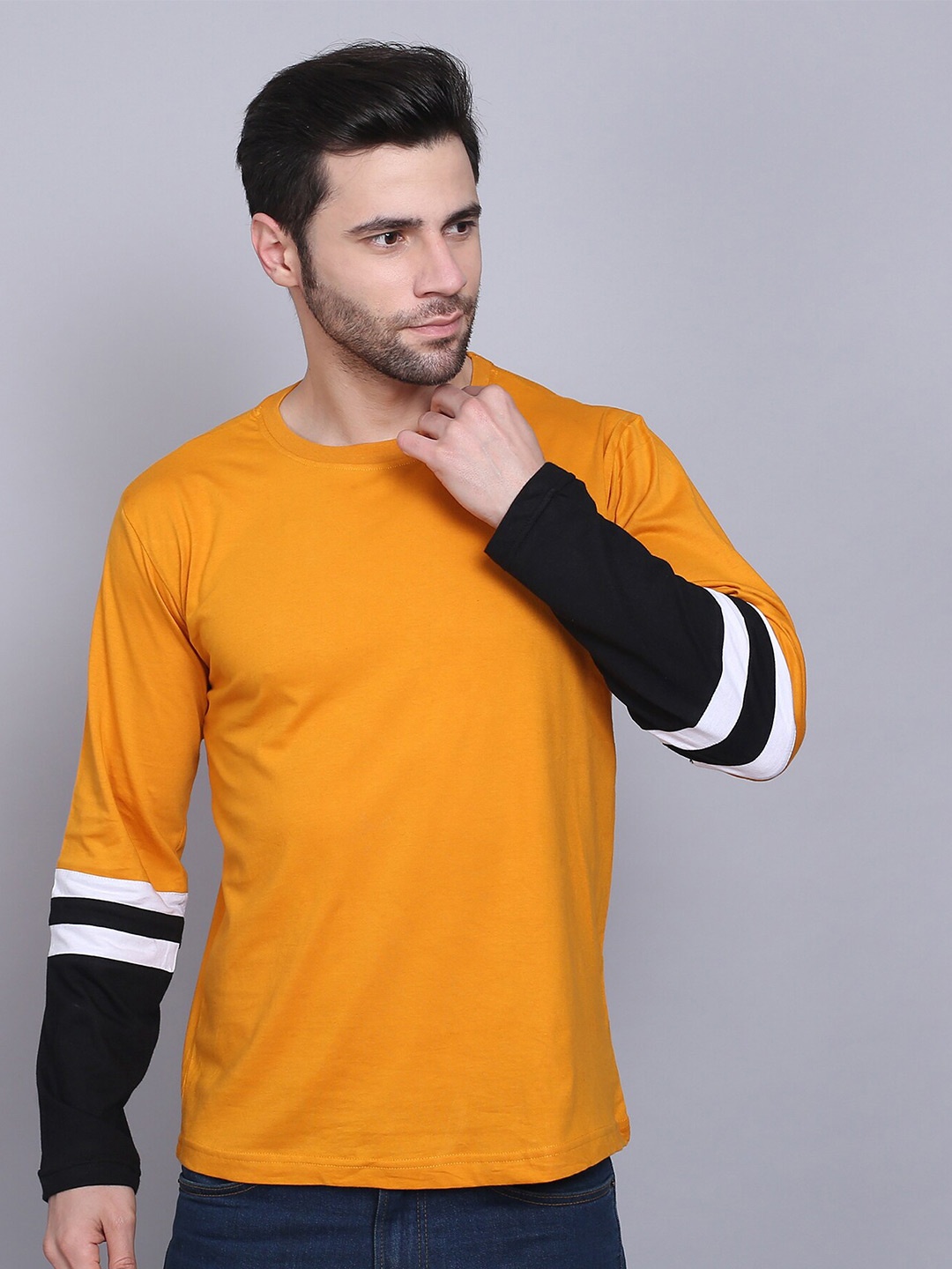 

THE EG STORE Men Round Neck Long Sleeves Cotton T-shirt, Yellow