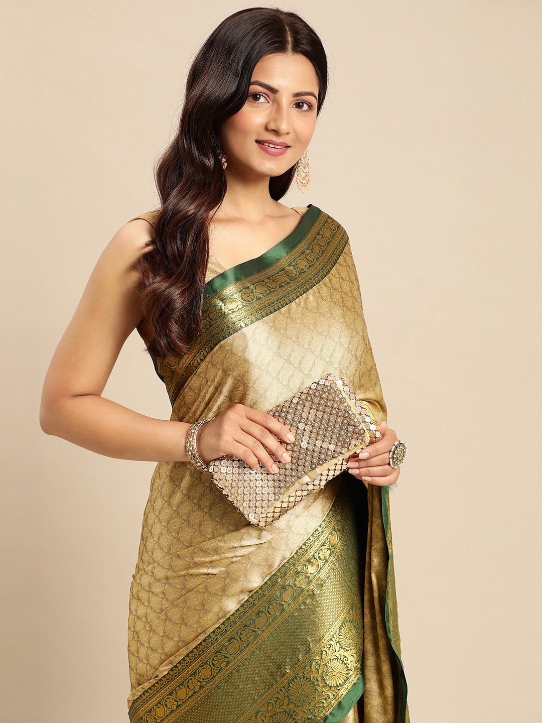

Mitera Woven Design Zari Silk Cotton Banarasi Saree, Beige