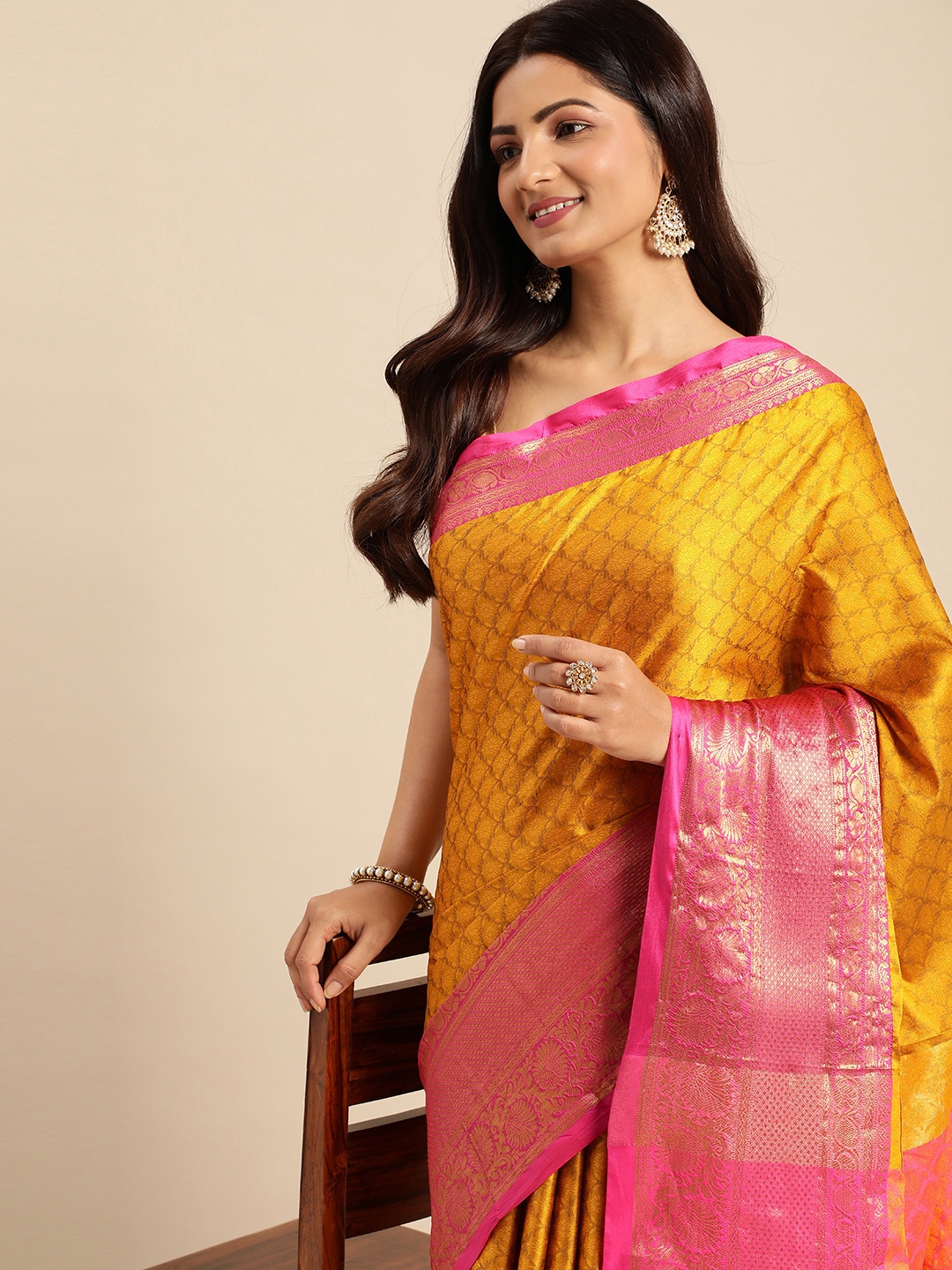 

Mitera Woven Design Zari Silk Cotton Banarasi Saree, Yellow
