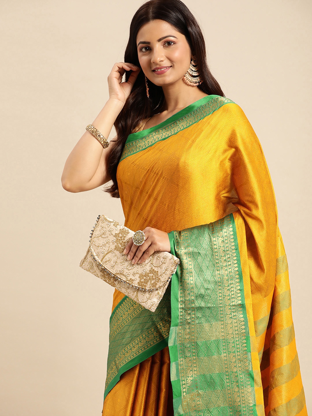 

Mitera Yellow & Green Ethnic Motifs Zari Silk Cotton Banarasi Saree