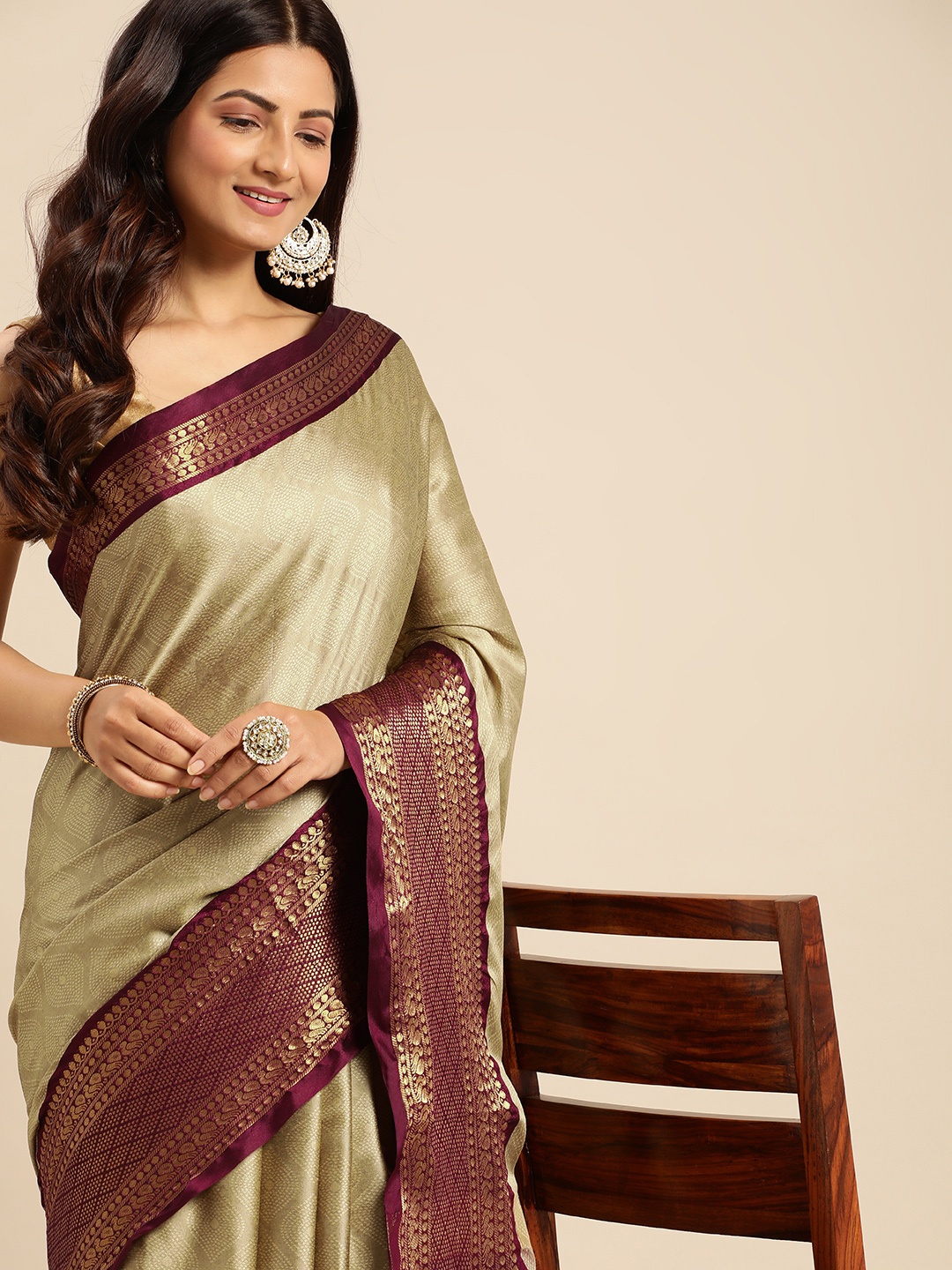 

Mitera Woven Design Zari Silk Cotton Banarasi Saree, Beige