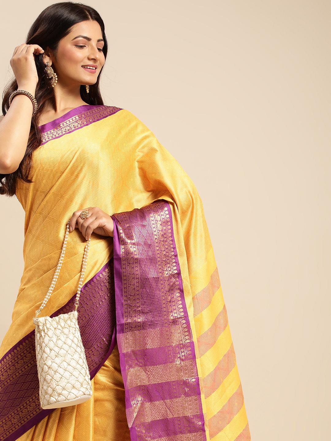 

Mitera Woven Design Zari Silk Cotton Banarasi Saree, Yellow