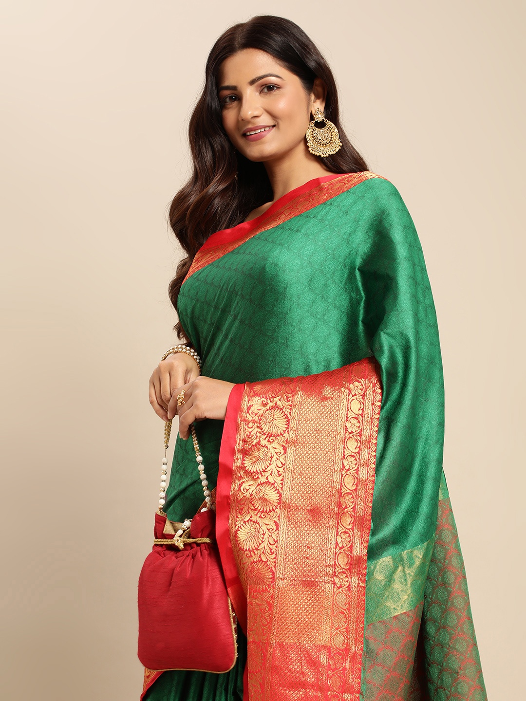 

Mitera Woven Design Zari Silk Cotton Banarasi Saree, Green