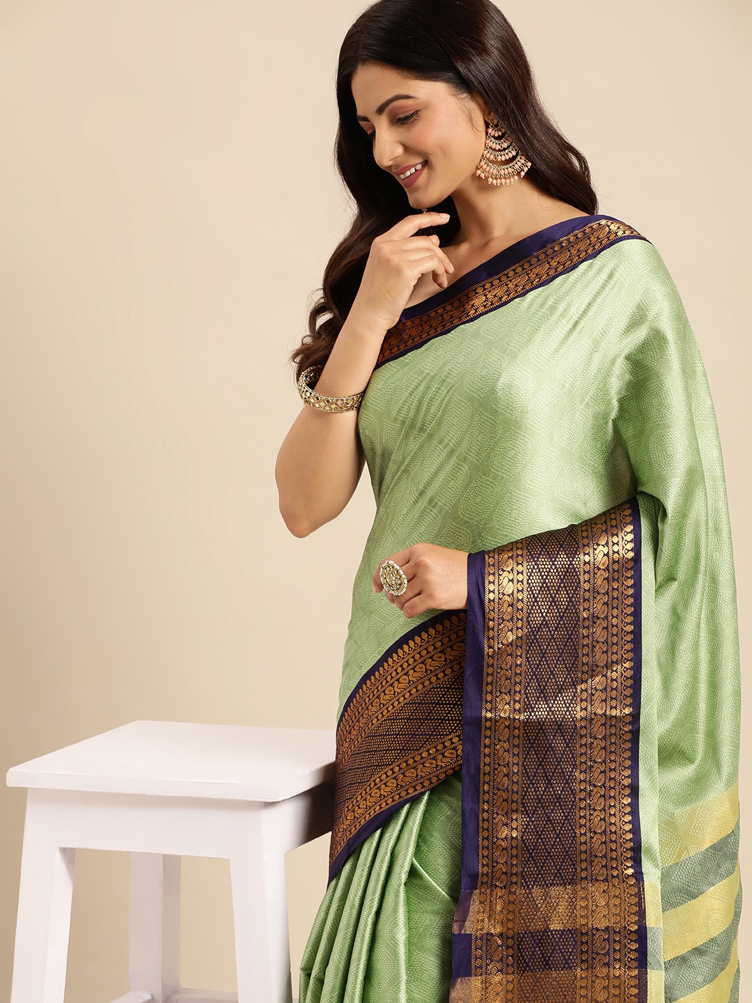 

Mitera Woven Design Zari Silk Cotton Banarasi Saree, Green