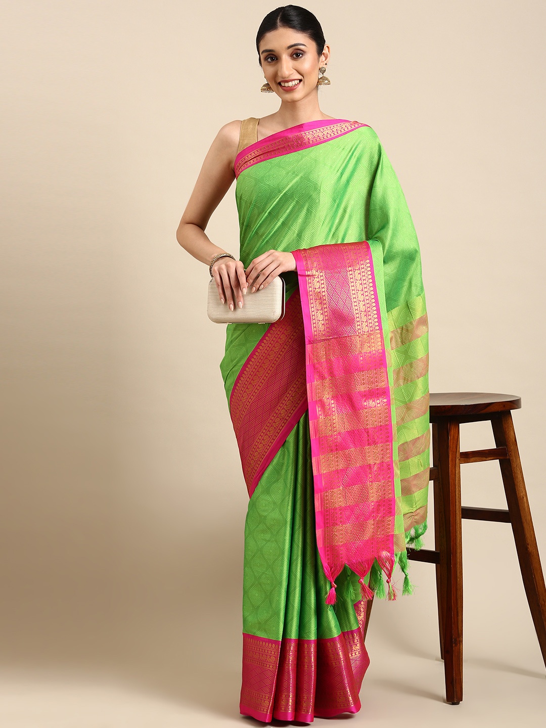 

Mitera Ethnic Motifs Zari Silk Cotton Banarasi Saree, Green