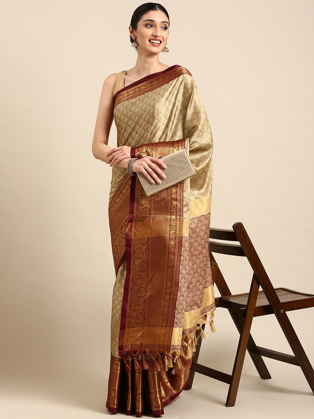 

Mitera Ethnic Motifs Zari Silk Cotton Banarasi Saree, Beige