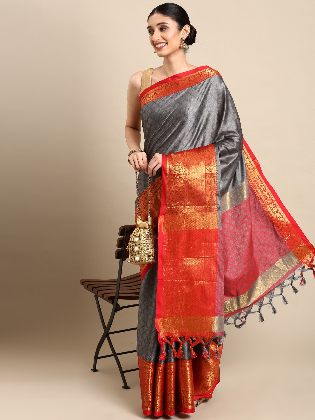 

Mitera Ethnic Motifs Zari Silk Cotton Banarasi Saree, Grey