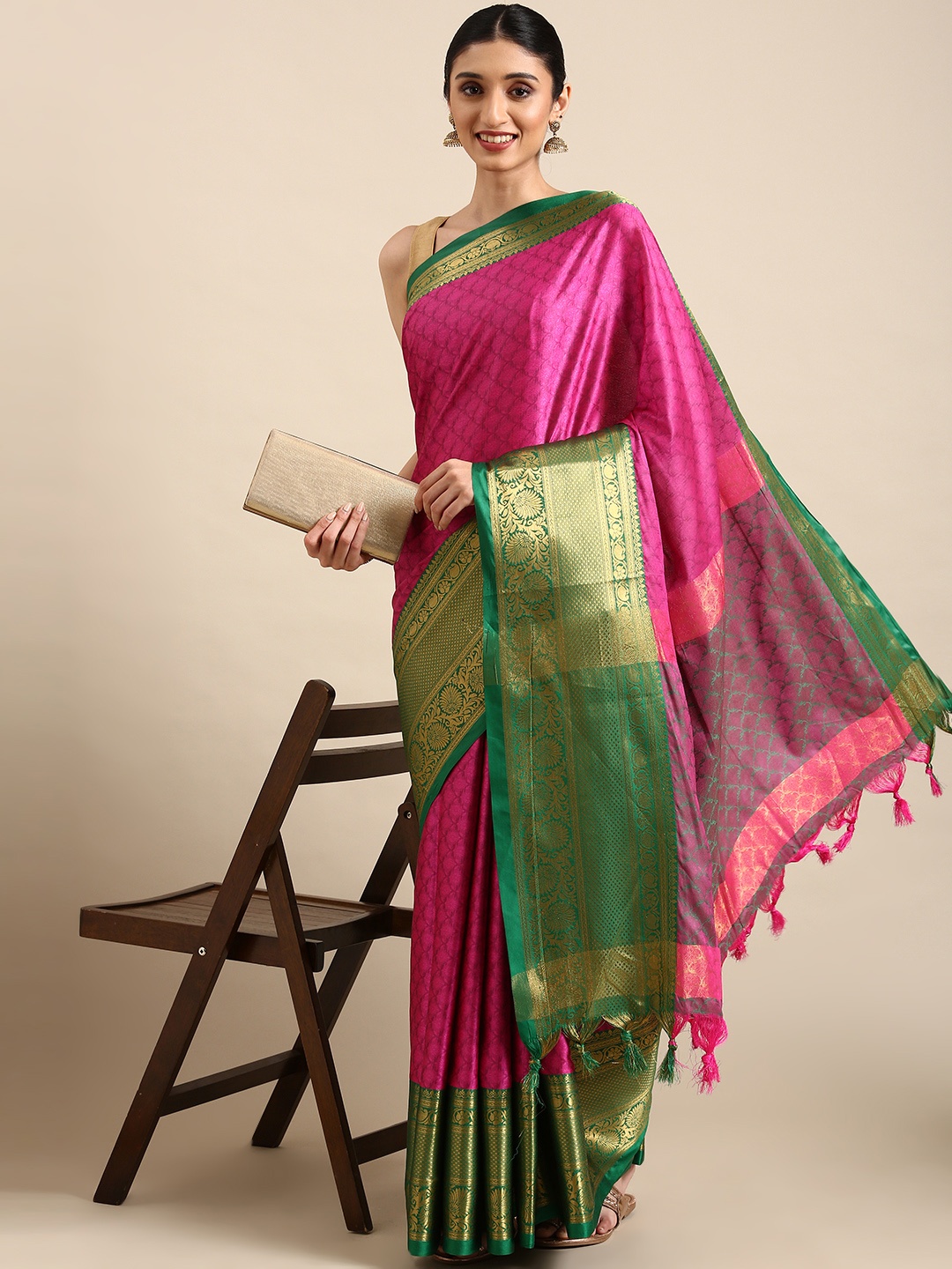 

Mitera Ethnic Motifs Zari Silk Cotton Banarasi Saree, Pink