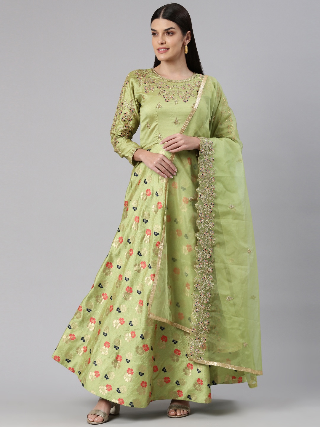 

flaher Floral Jacquard Ethnic Gown, Green