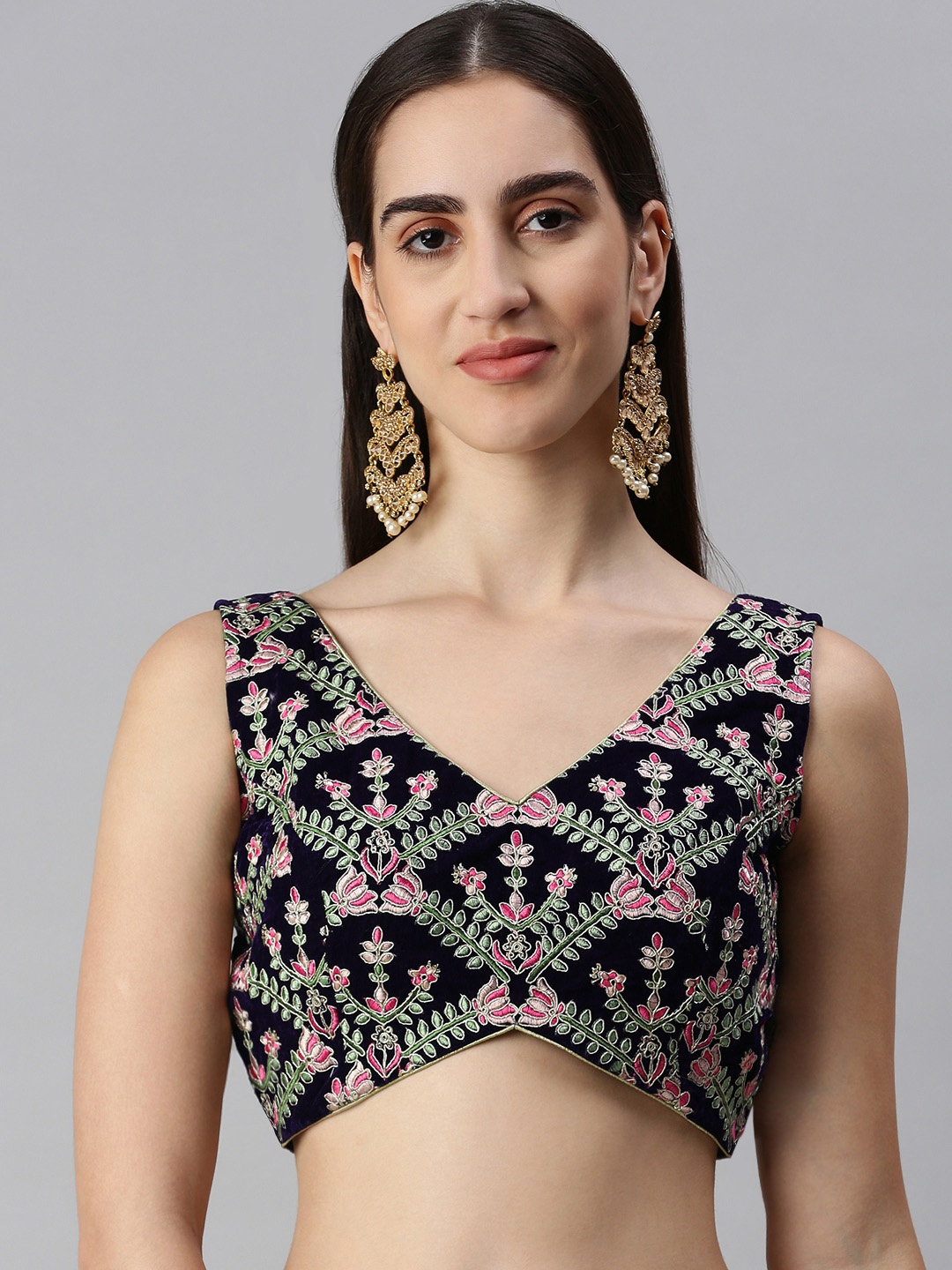 

flaher Women Embroidered Velvet Ready To Wear Padded Saree Blouse, Navy blue