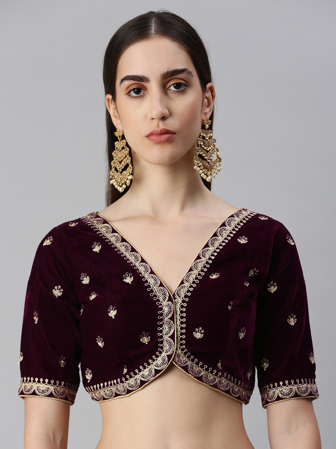 

flaher Women Embroidered Velvet Ready To Wear Padded Saree Blouse, Burgundy