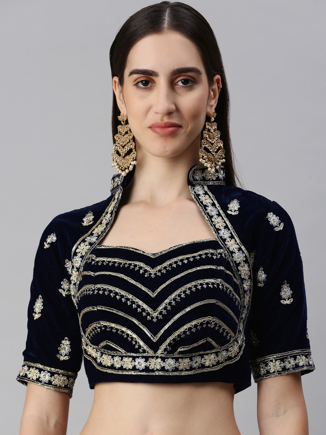 

flaher Women Embroidered Velvet Ready To Wear Padded Saree Blouse, Navy blue