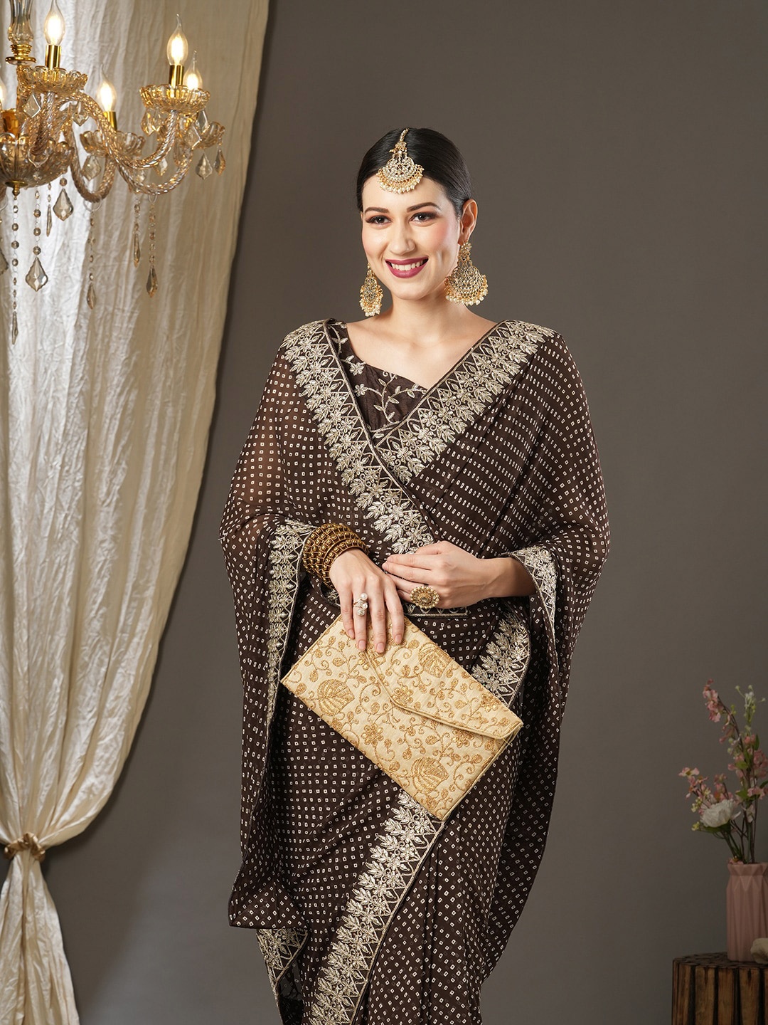 

Saree mall Bandhani Printed Embroidered Border Poly Georgette Sarees, Brown