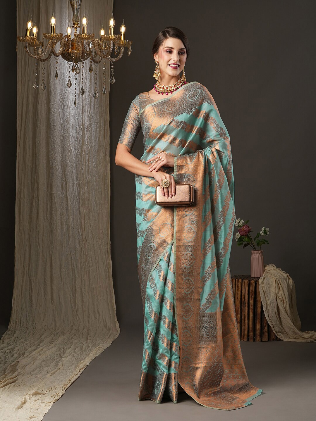 

Saree mall Ethnic Motifs Woven Design Banarasi Festive Sarees, Sea green