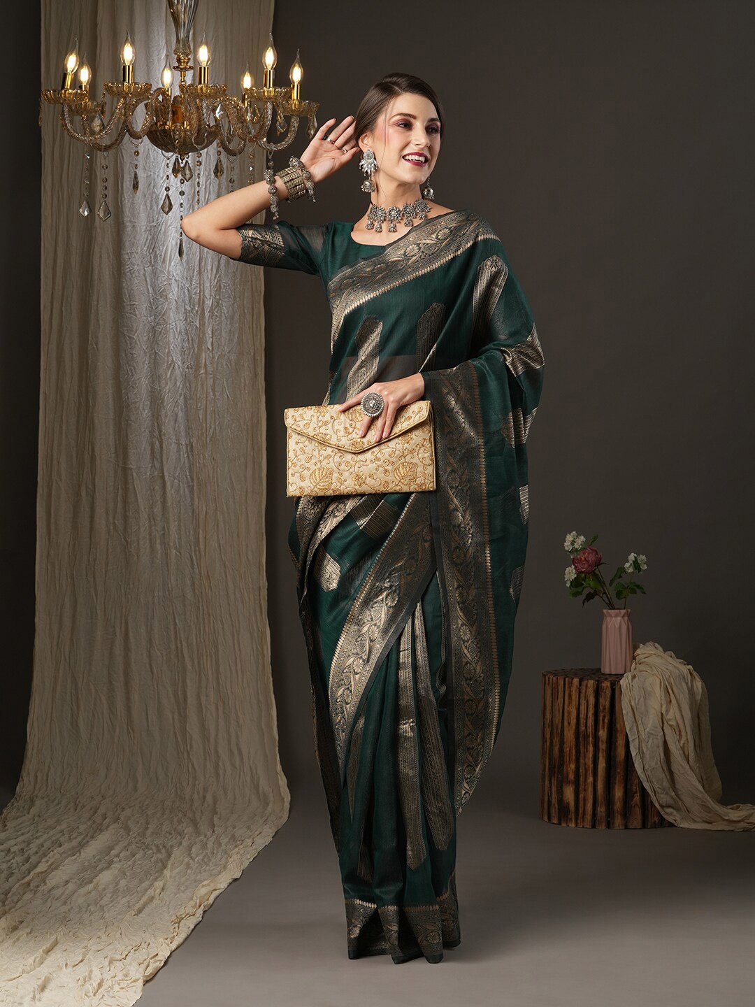 

Saree mall Ethnic Motifs Zari Silk Cotton Banarasi Sarees, Teal