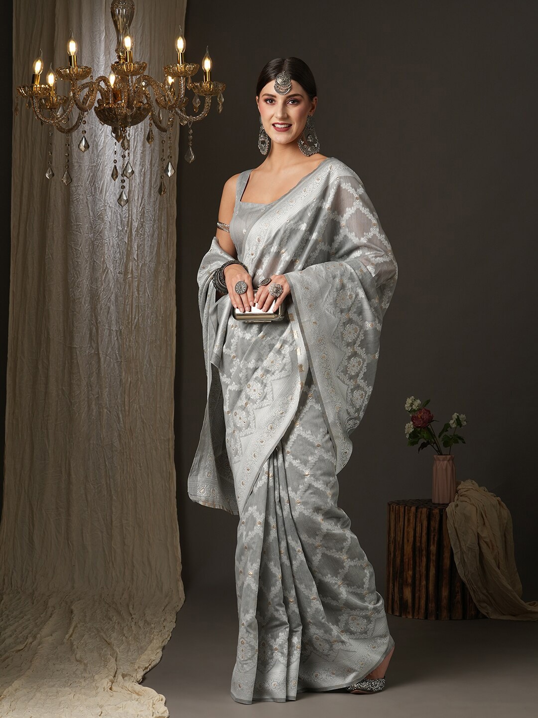 

Saree mall Woven Design Zari Silk Cotton Saree, Grey