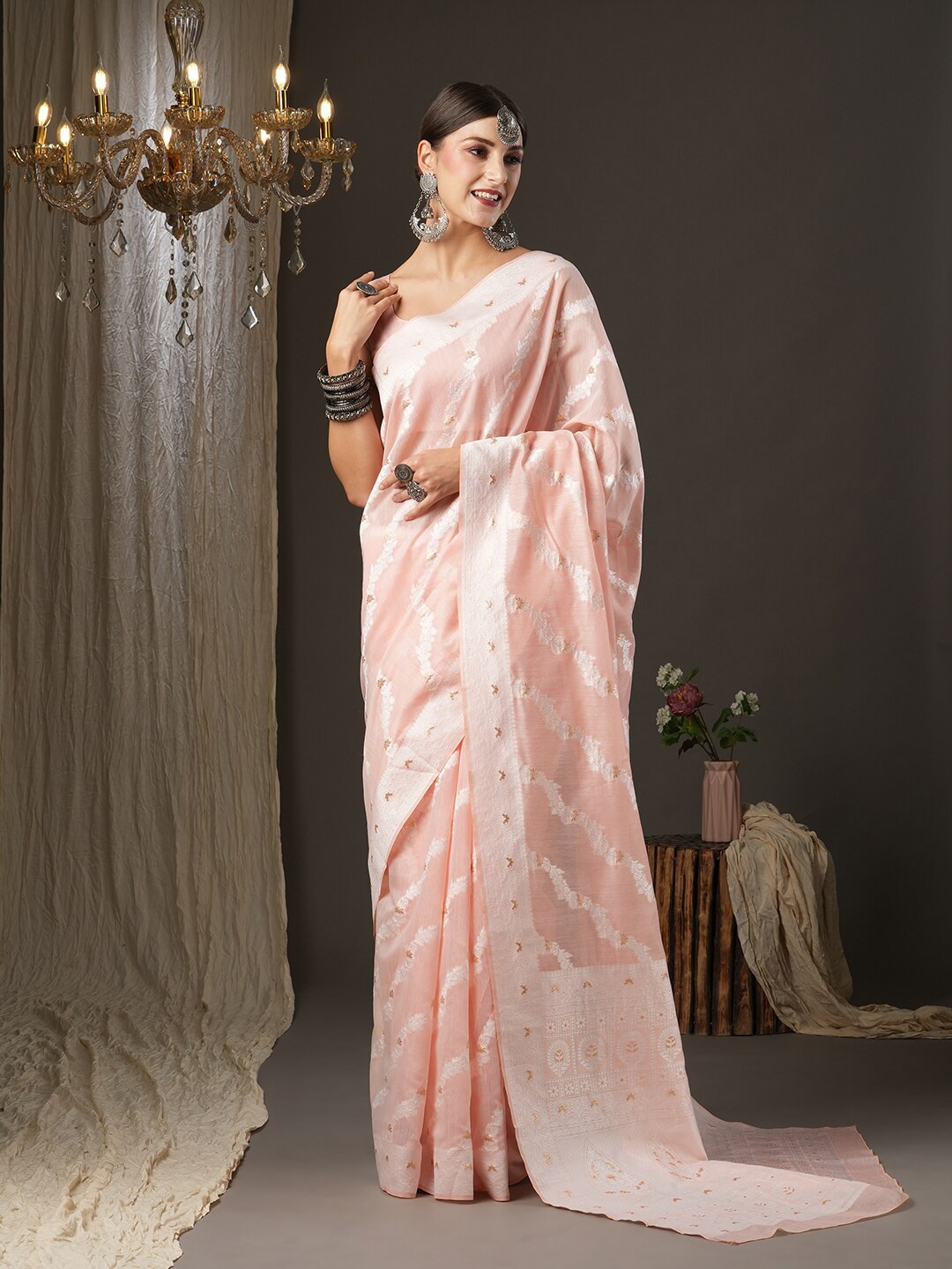

Saree mall Woven Design Zari Silk Cotton Saree, Peach