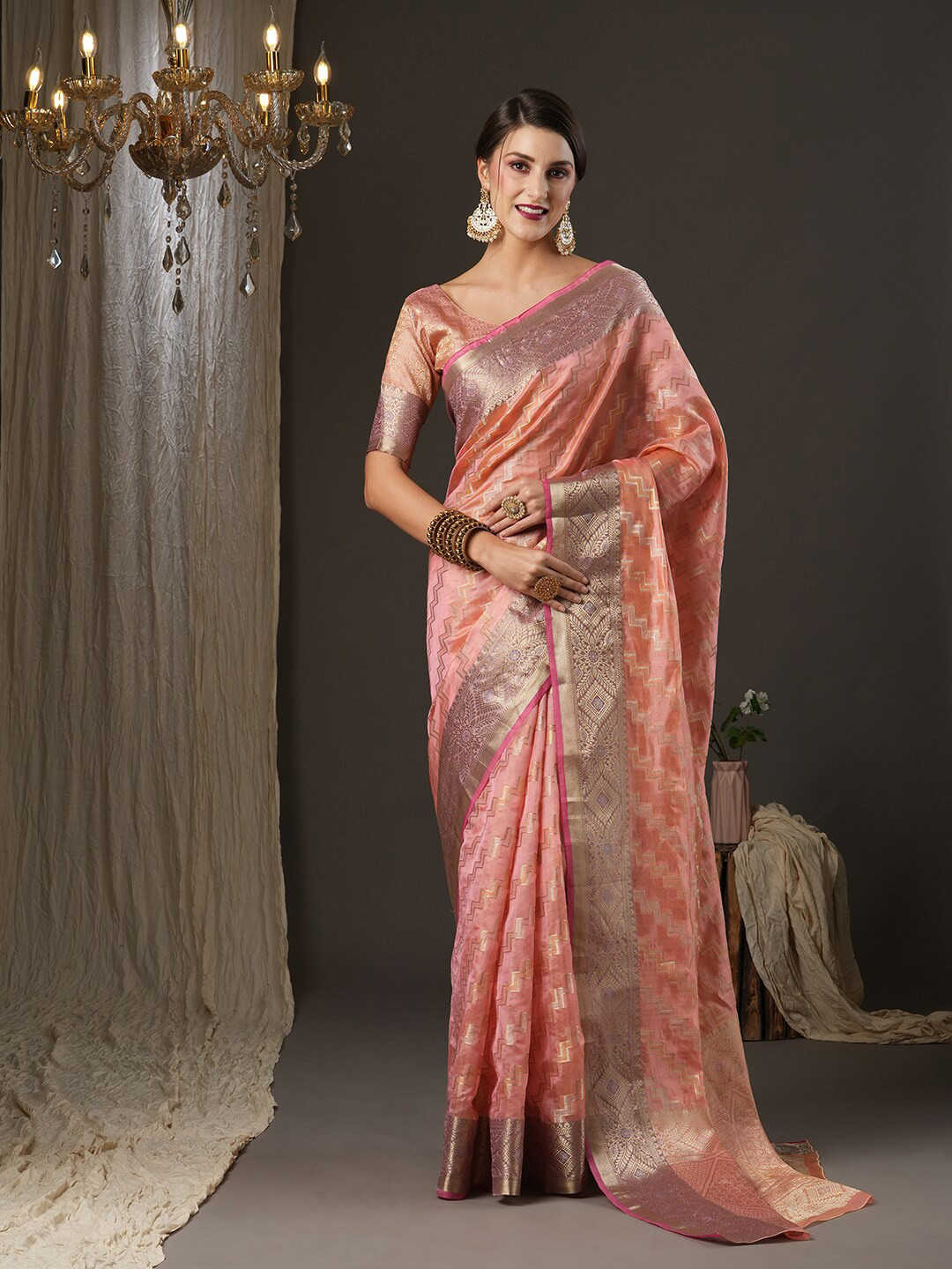 

Saree mall Woven Design Zari Silk Blend Saree, Pink