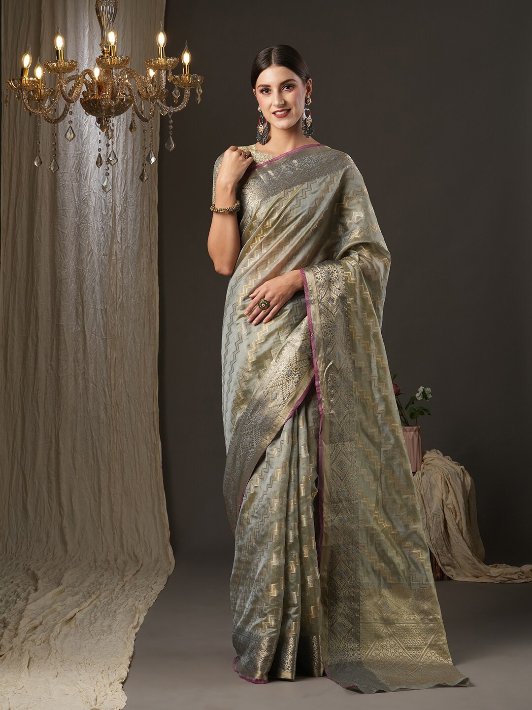 

Saree mall Woven Design Zari Silk Blend Saree, Grey