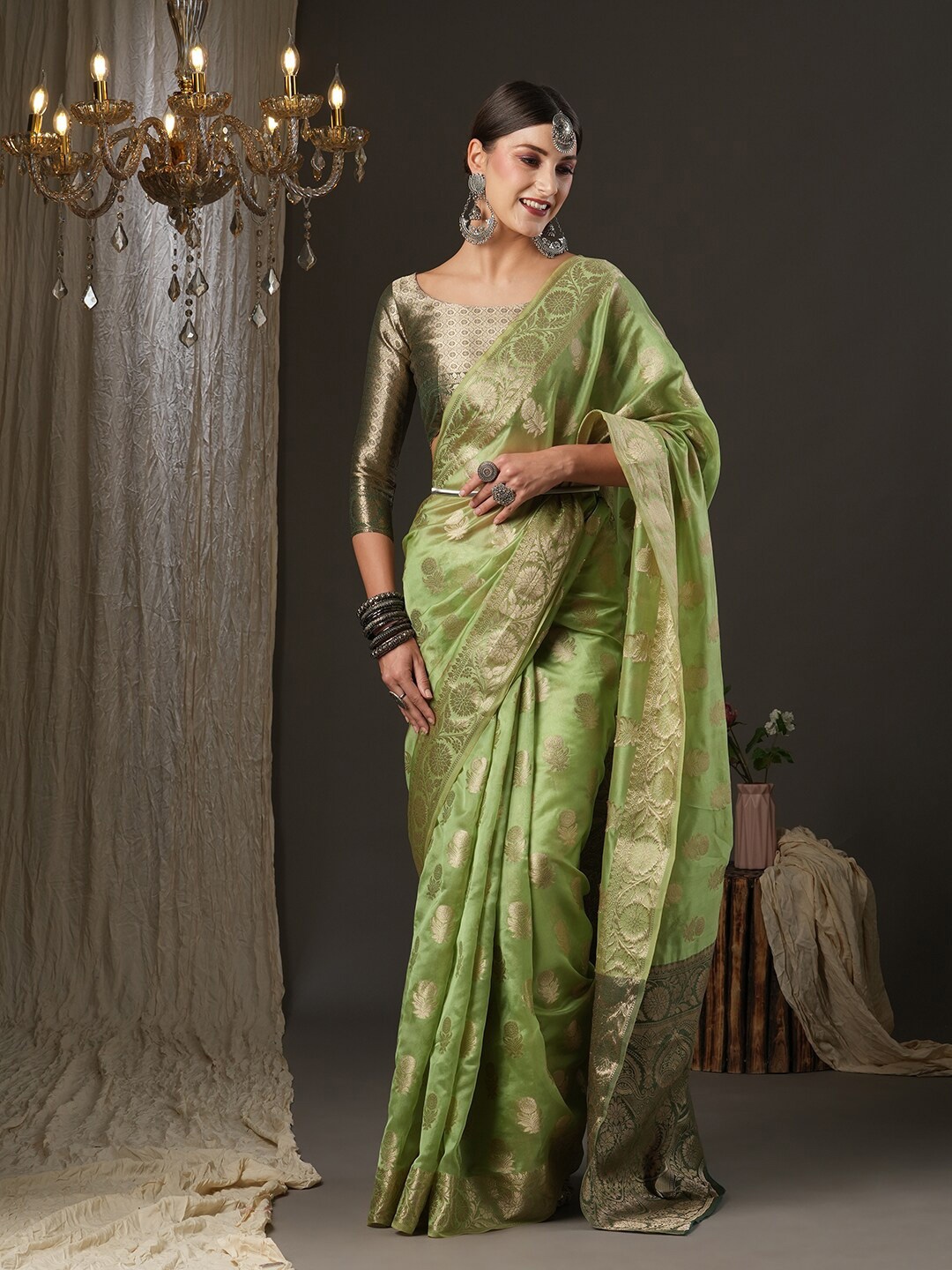 

Saree mall Woven Design Zari Organza Saree, Green