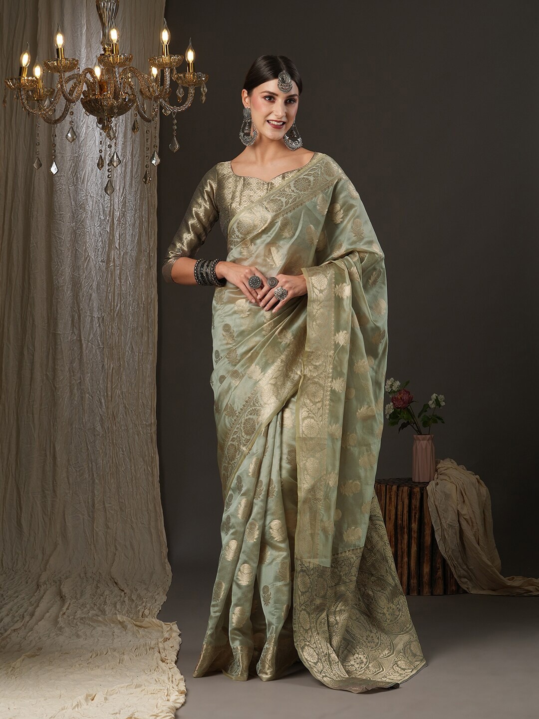 

Saree mall Woven Design Organza Saree, Grey