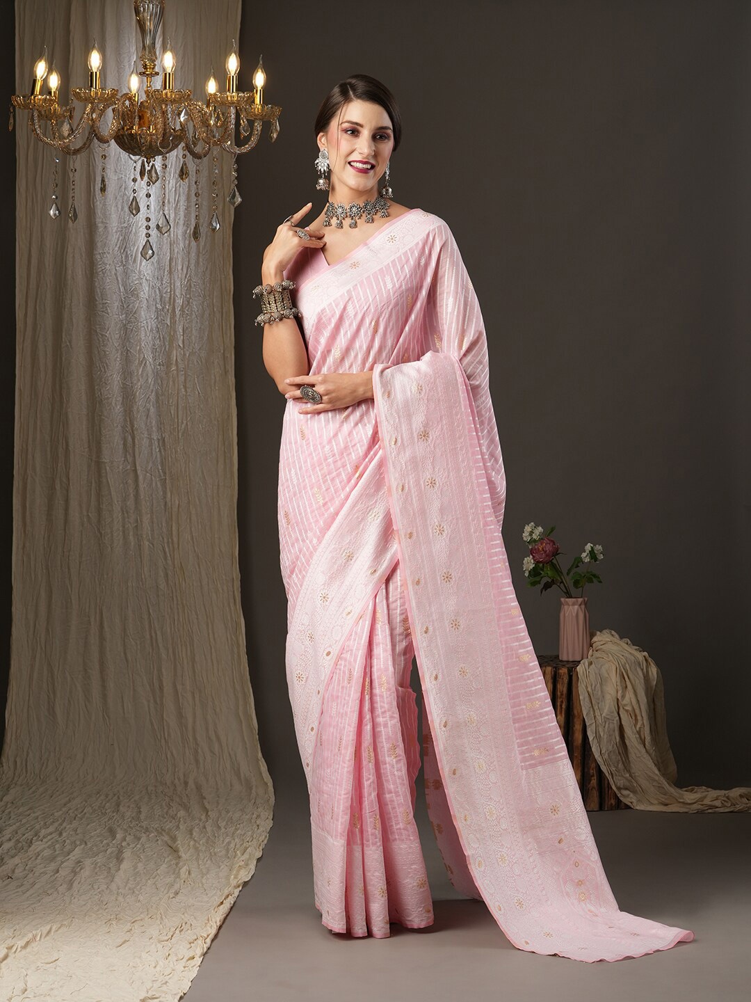 

Saree mall Ethnic Motifs Zari Woven Design Leheriya Traditional Sarees, Pink