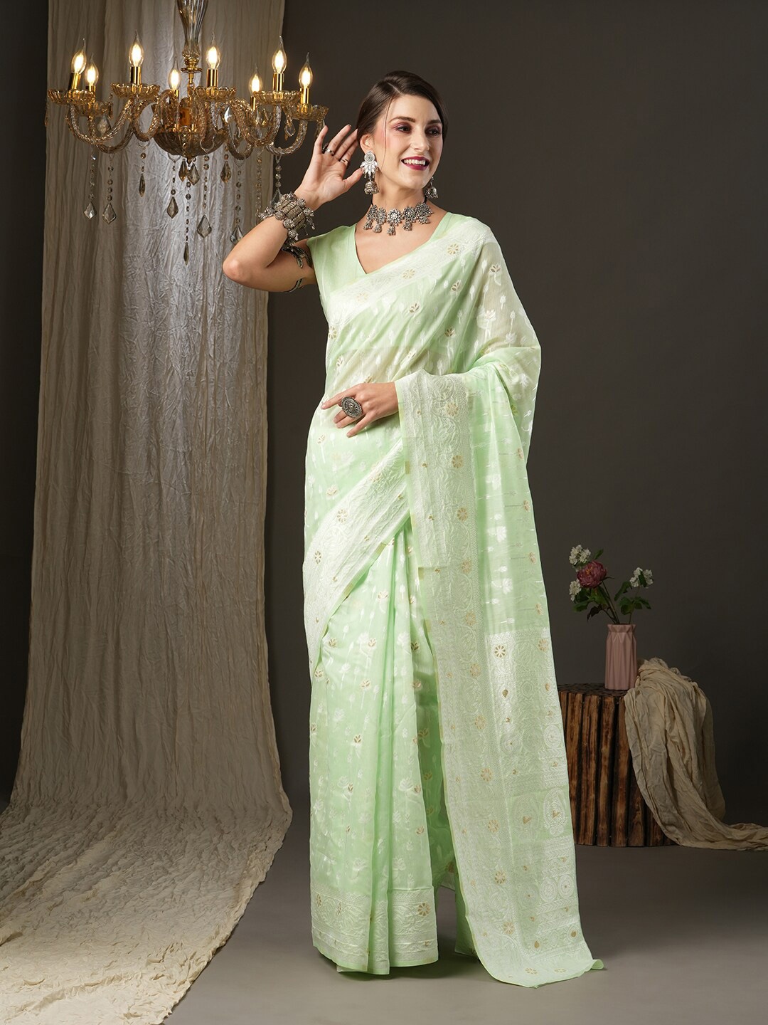 

Saree mall Ethnic Motifs Woven Design Zari Leheriya Traditional Sarees, Green