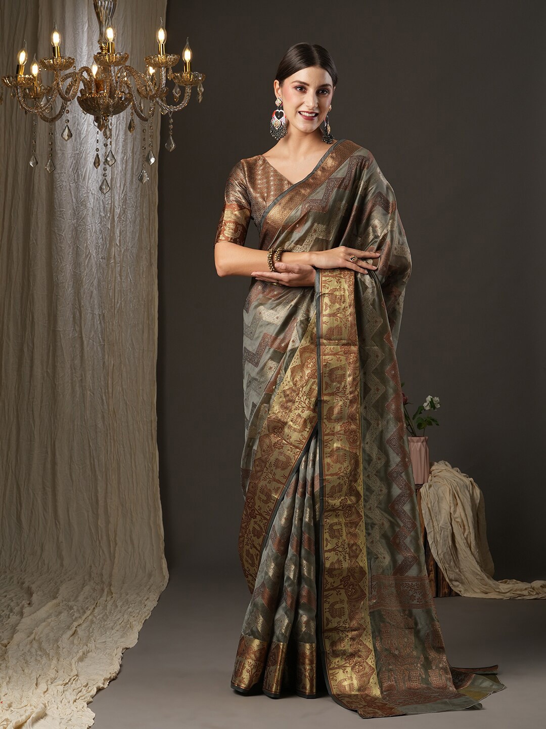 

Saree mall Ethnic Motifs Woven Design Zari Bagru Traditional Sarees, Grey