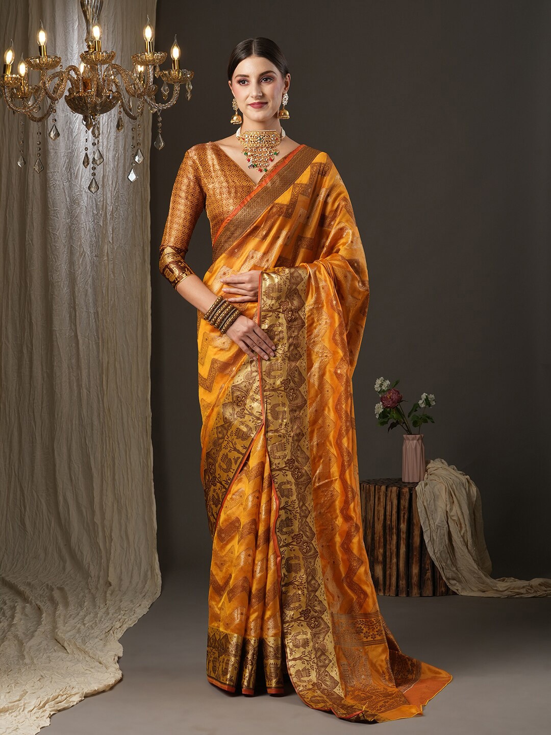 

Saree mall Ethnic Motifs Woven Design Zari Bagru Traditional Sarees, Mustard