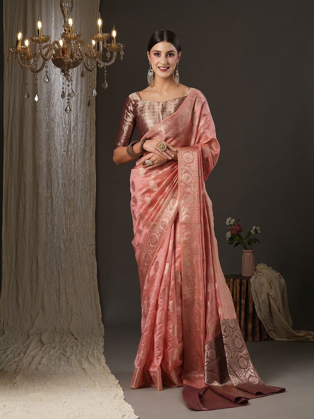 

Saree mall Ethnic Motifs Woven Design Zari Muga Traditional Sarees, Pink