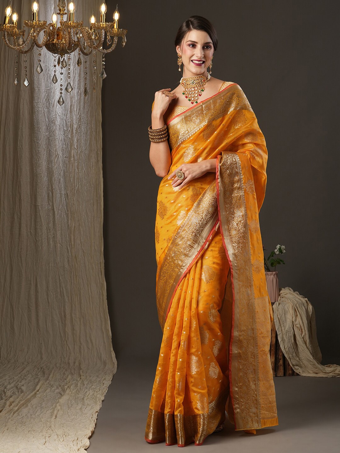 

Saree mall Ethnic Motifs Zari Organza Bagh Sarees, Yellow