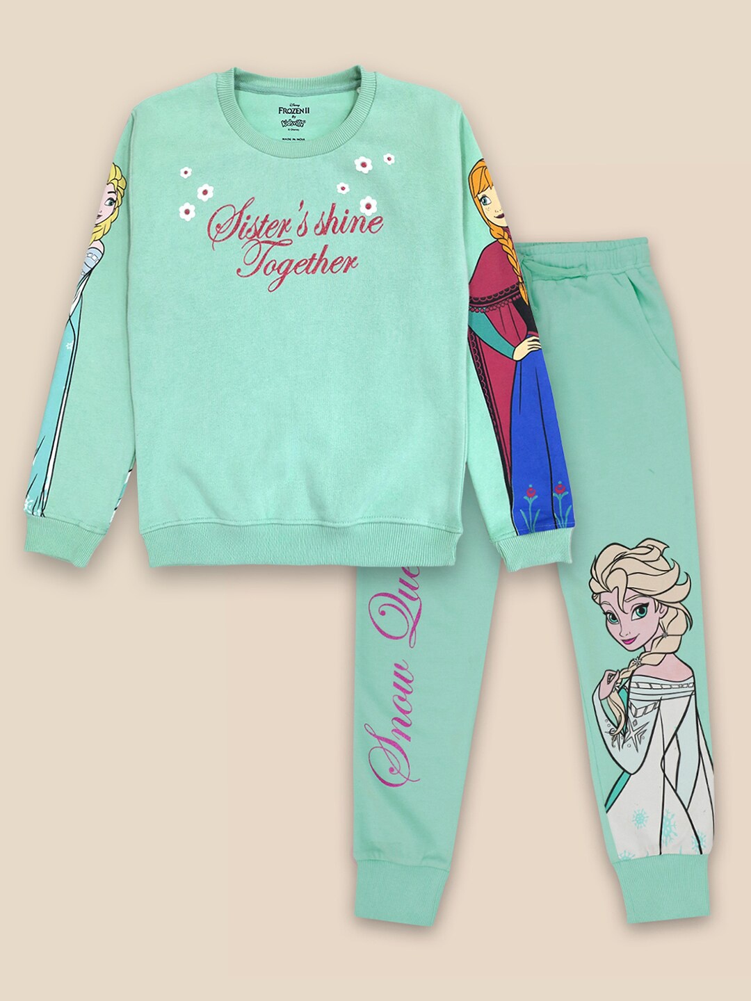 

Kids Ville Girls Frozen Printed T-shirt with Trousers, Green