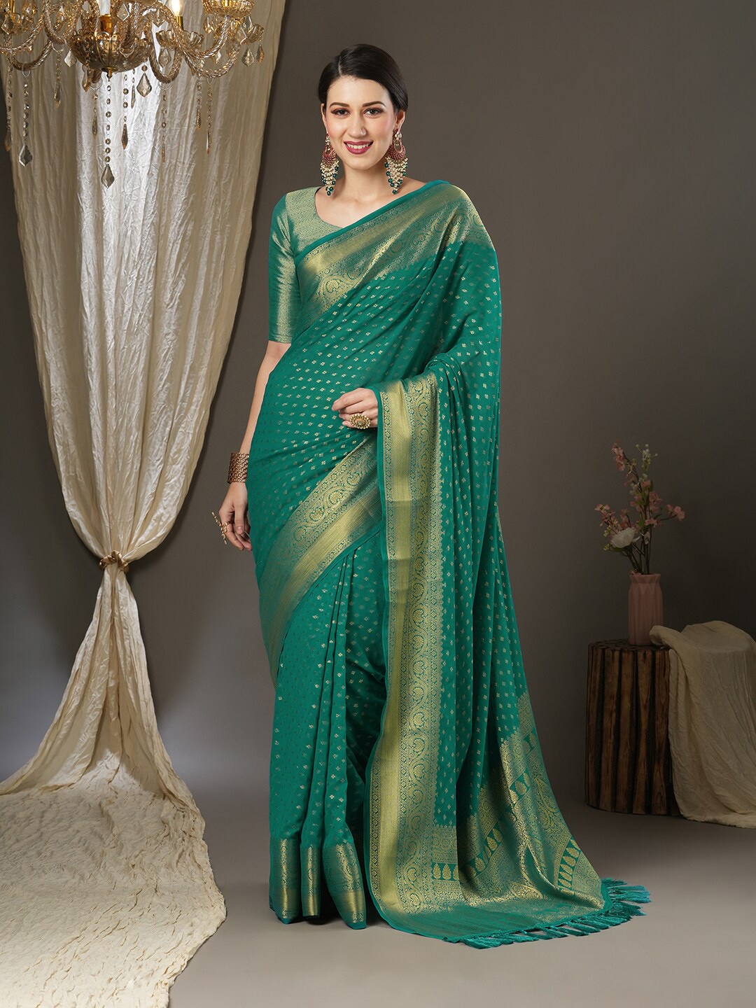 

Anouk Woven Design Zari Pure Georgette Kanjeevaram Saree, Teal