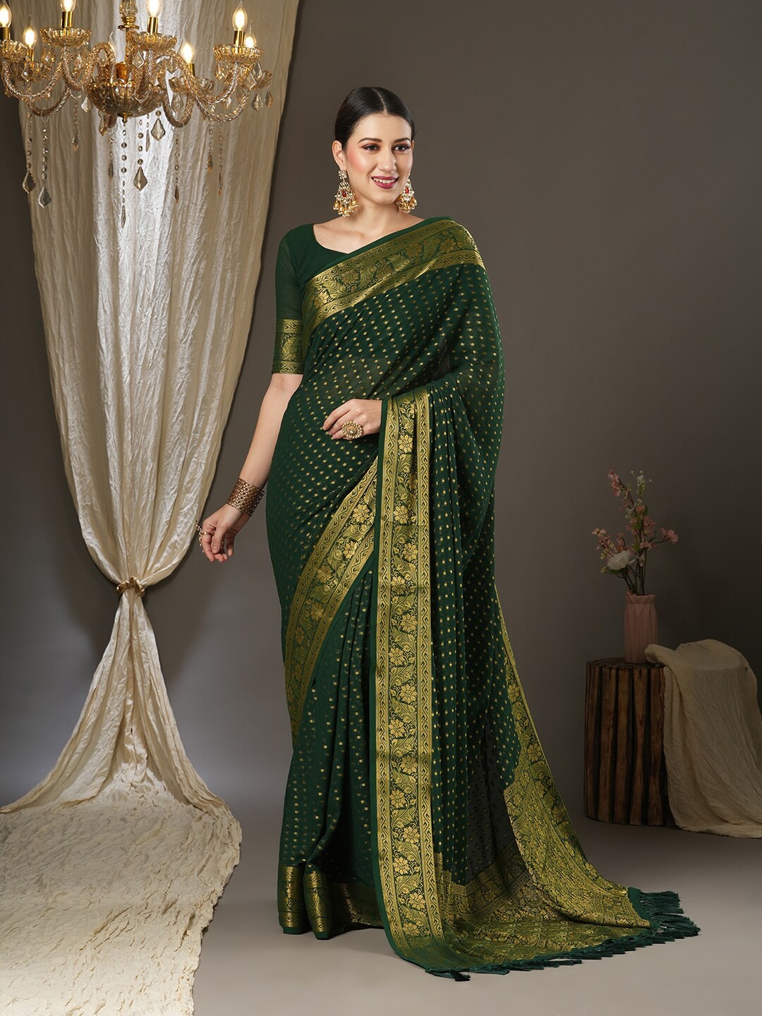 

Anouk Ethnic Motifs Zari Pure Georgette Kanjeevaram Saree, Green