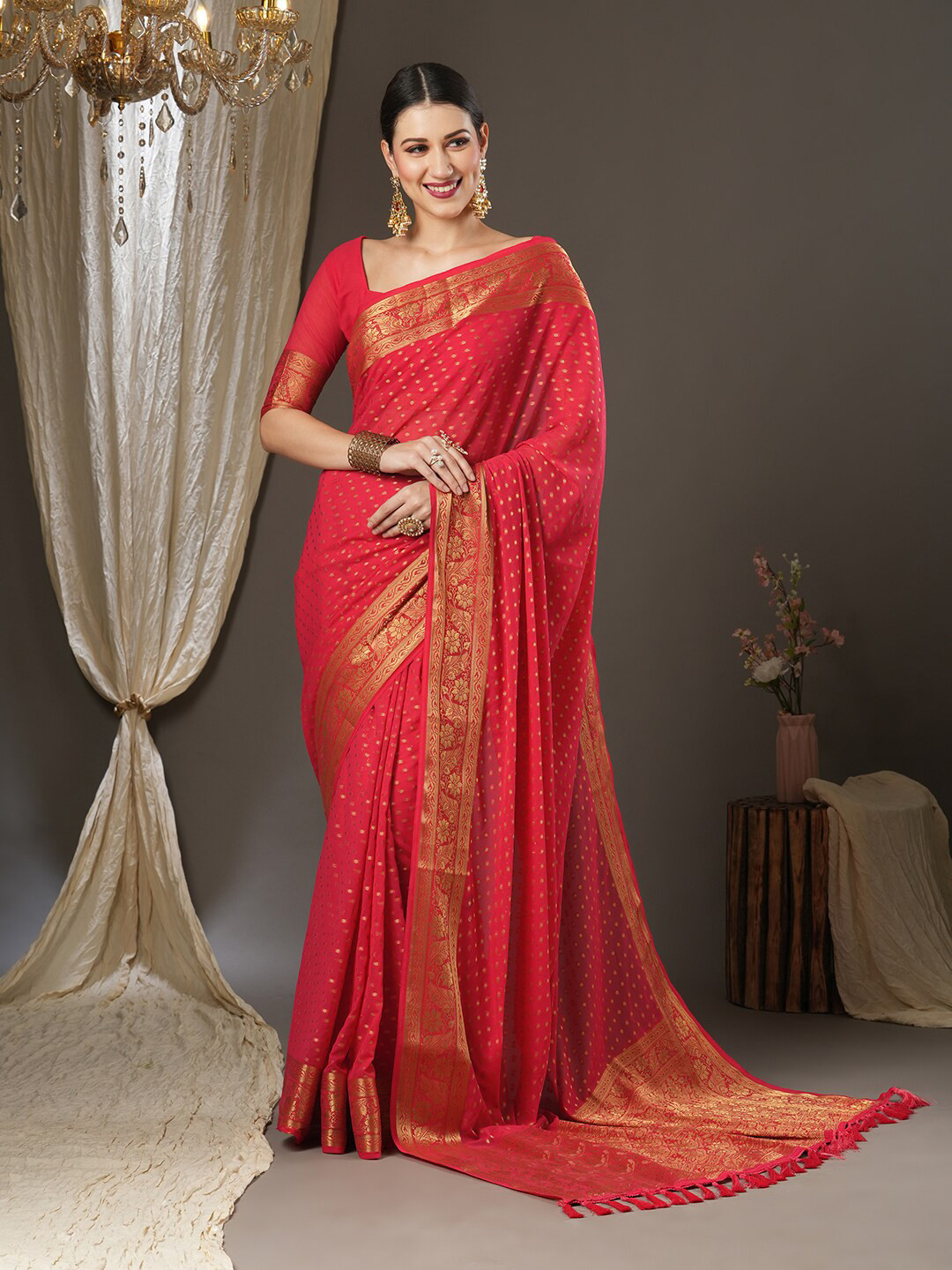 

Anouk Ethnic Motifs Zari Pure Georgette Kanjeevaram Saree, Pink