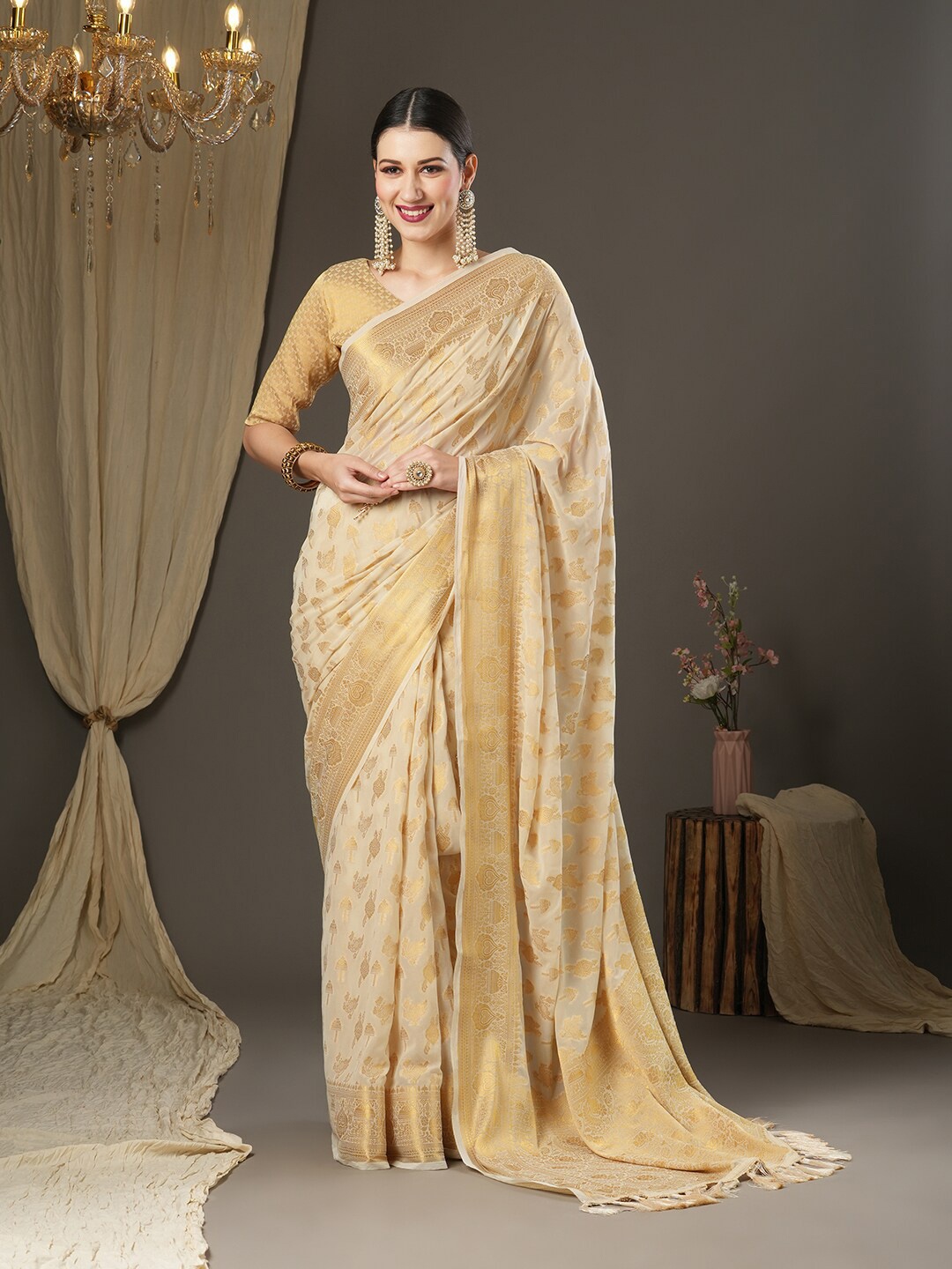 

Anouk Toned Ethnic Motifs Zari Pure Georgette Kanjeevaram Saree, Cream