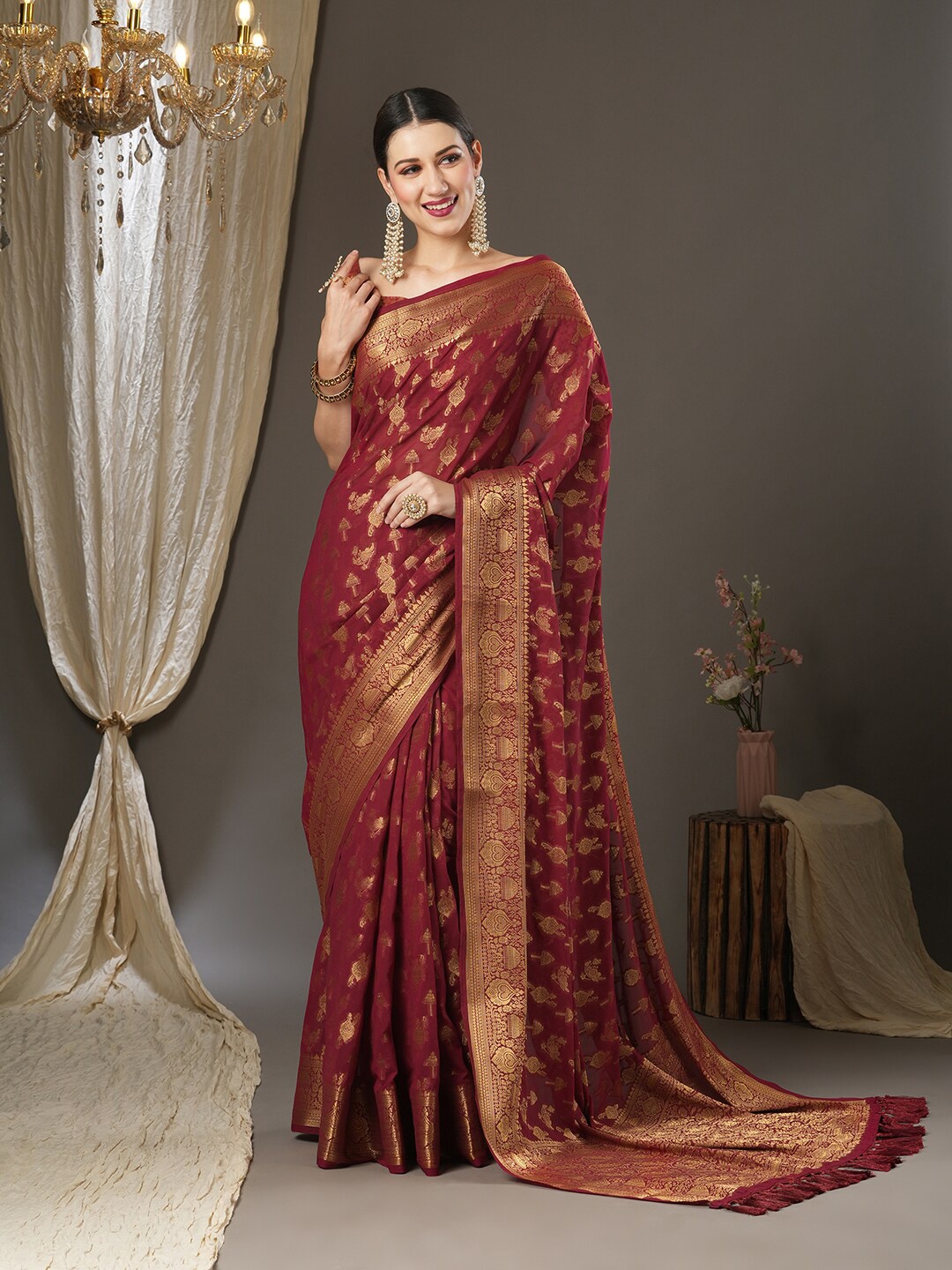 

Anouk Ethnic Motifs Zari Pure Georgette Kanjeevaram Saree, Maroon