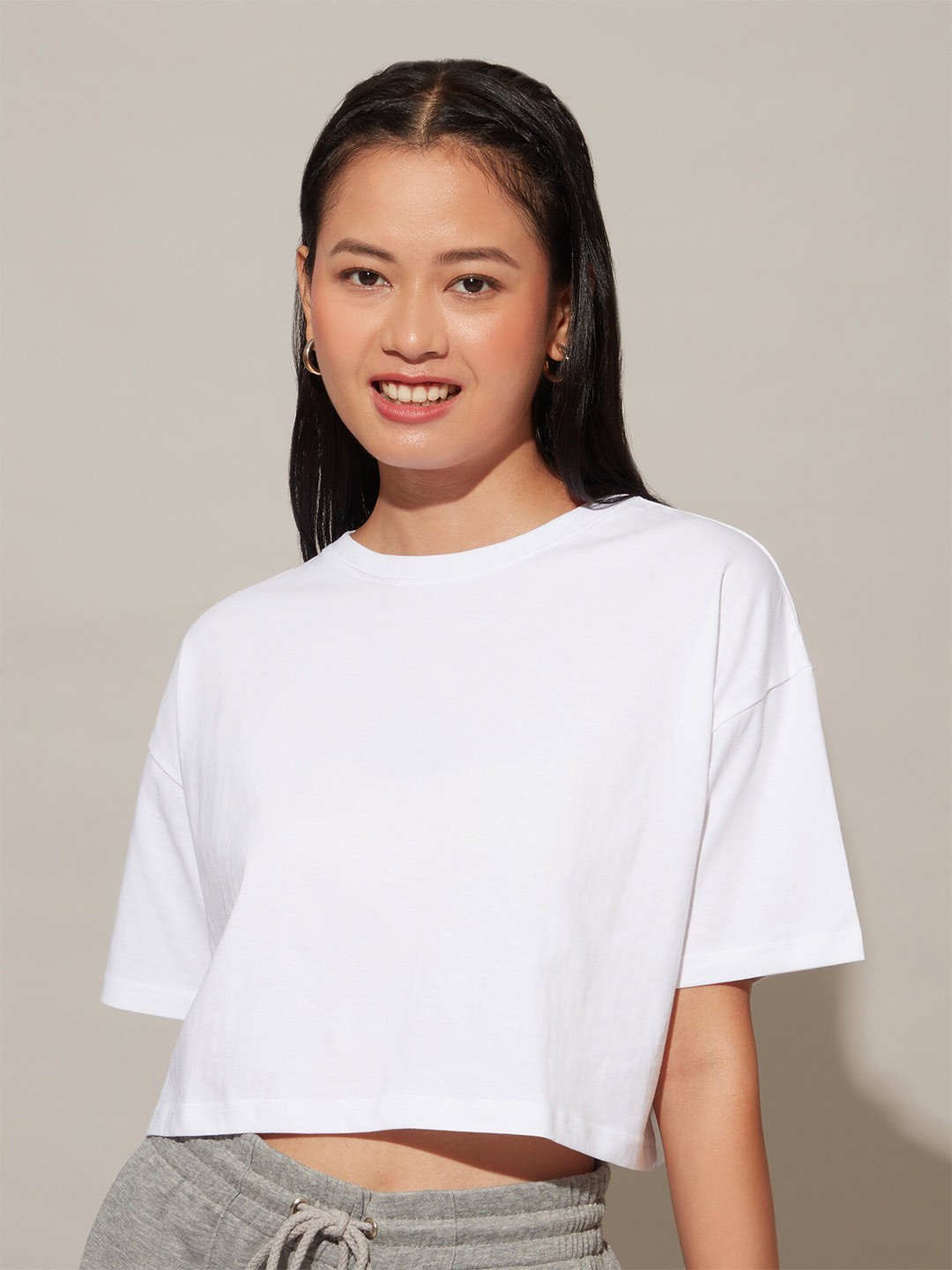 

20Dresses Drop-Shoulder Sleeves Oversized Fit Cotton Crop T-shirt, White