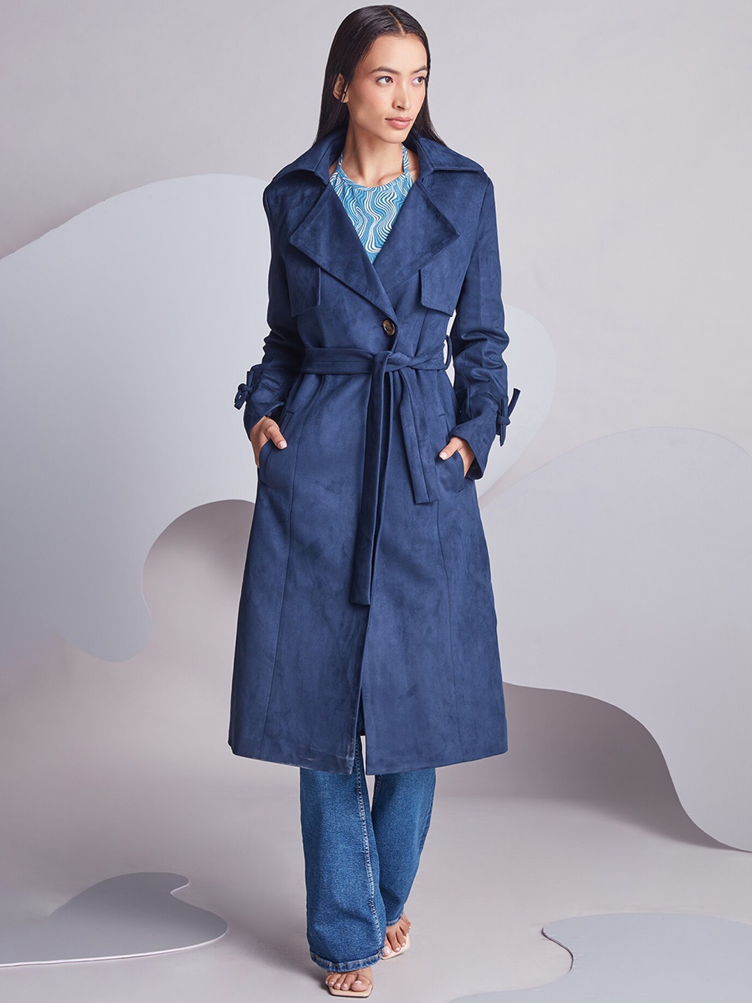 

20Dresses Women Longline Tie Up Overcoat, Navy blue