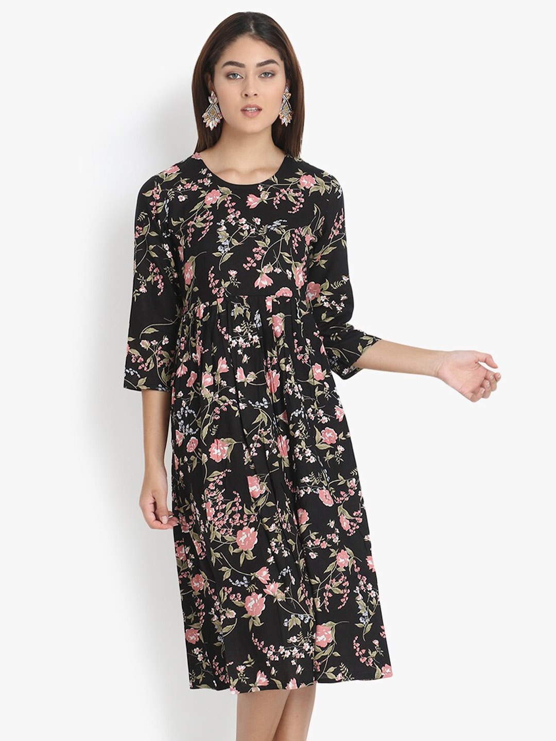 

DIVINATION Floral A-Line Midi Cotton Dress, Black