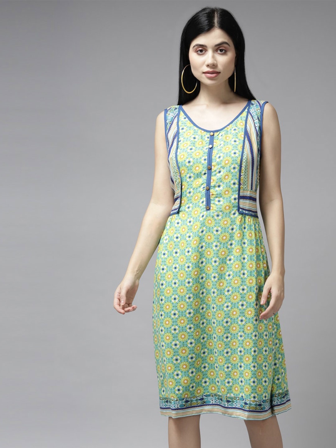 

Aarika Floral Printed Sleeveless A-Line Midi Dress, Green