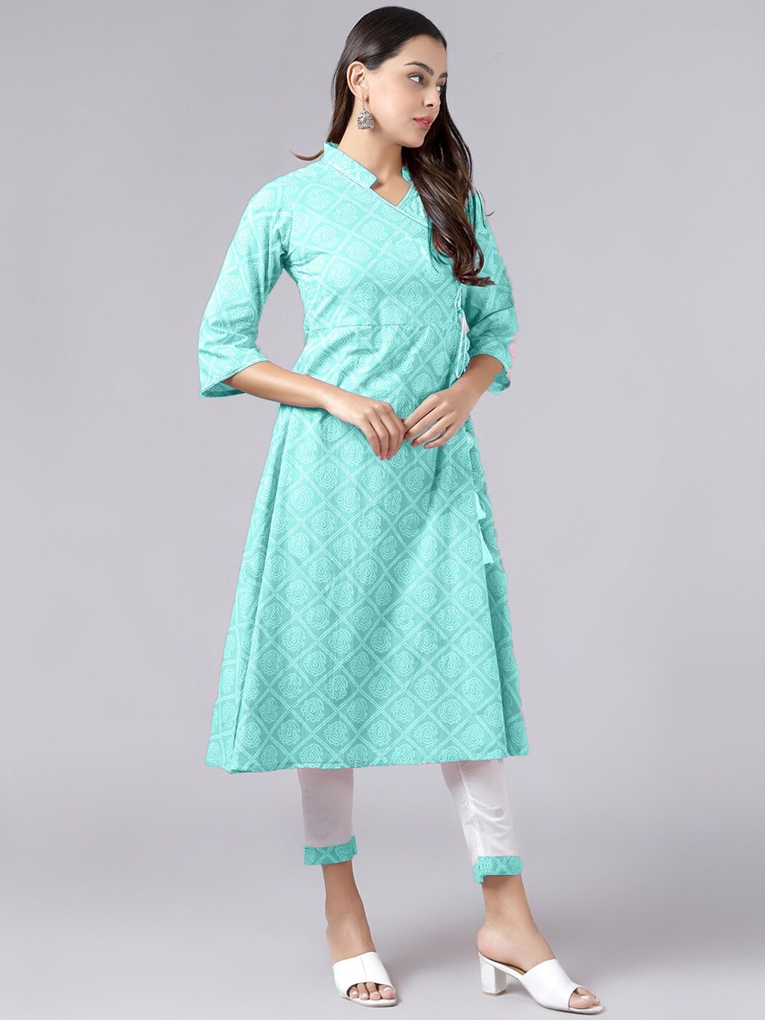 

KALINI Women Bandhani Printed Angrakha Gotta Patti Pure Cotton Kurta with Trousers, Blue