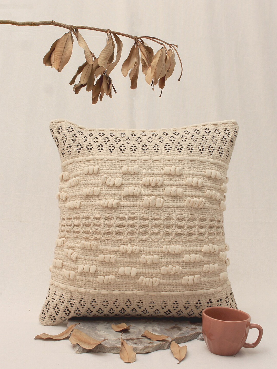 

THE little BIG STORE Beige Self Design Textured Cotton Square Cushion Cover